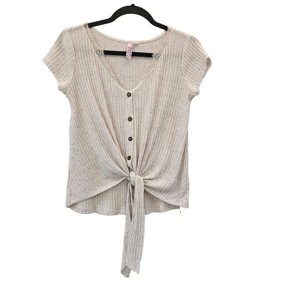 Alya by Francesca Tie Front Top Women Sz S Beige Lace Accent Short Sleeve
